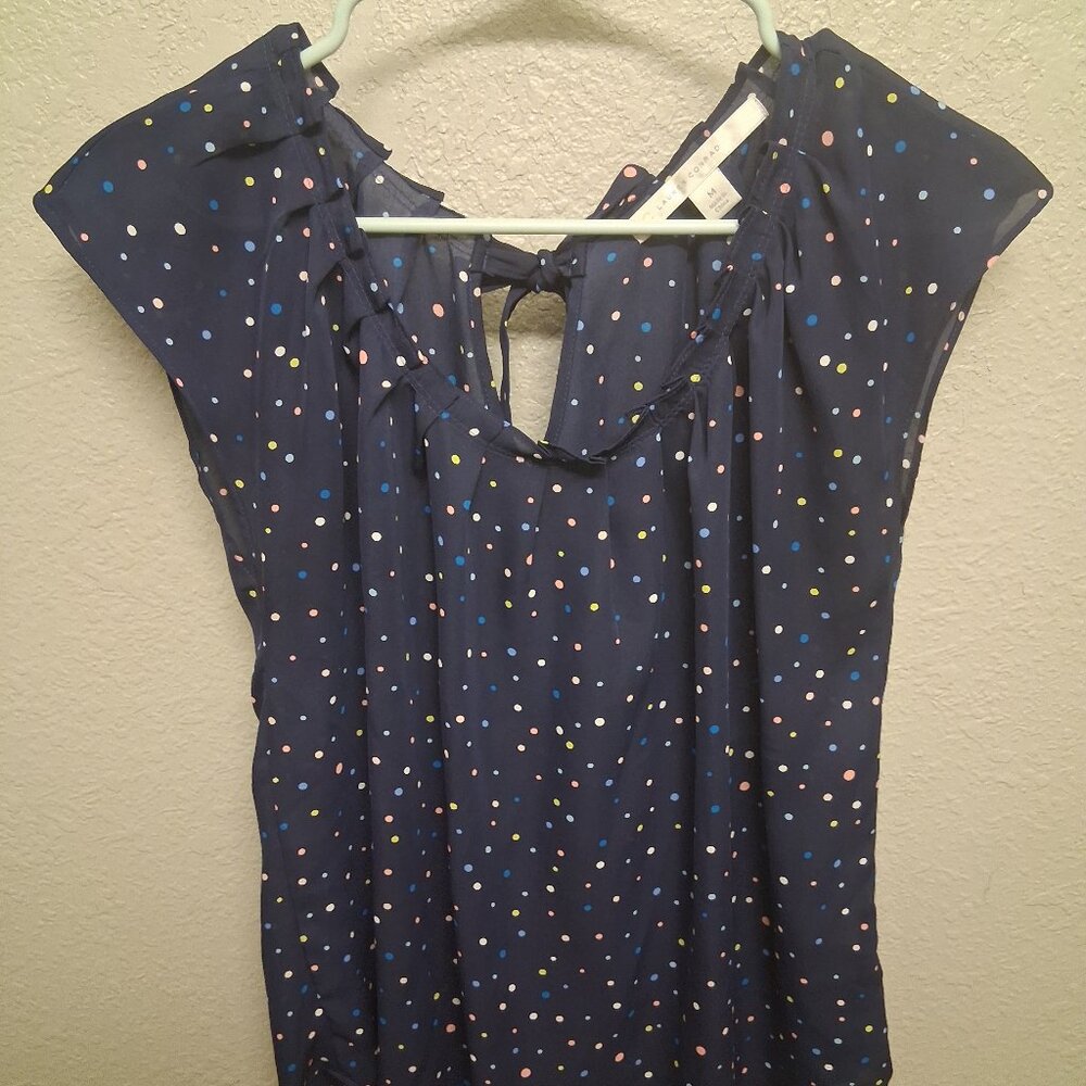 Lauren Conrad Blue Multi Polka Dot Bow Tie Back Blouse Professional Office (M)